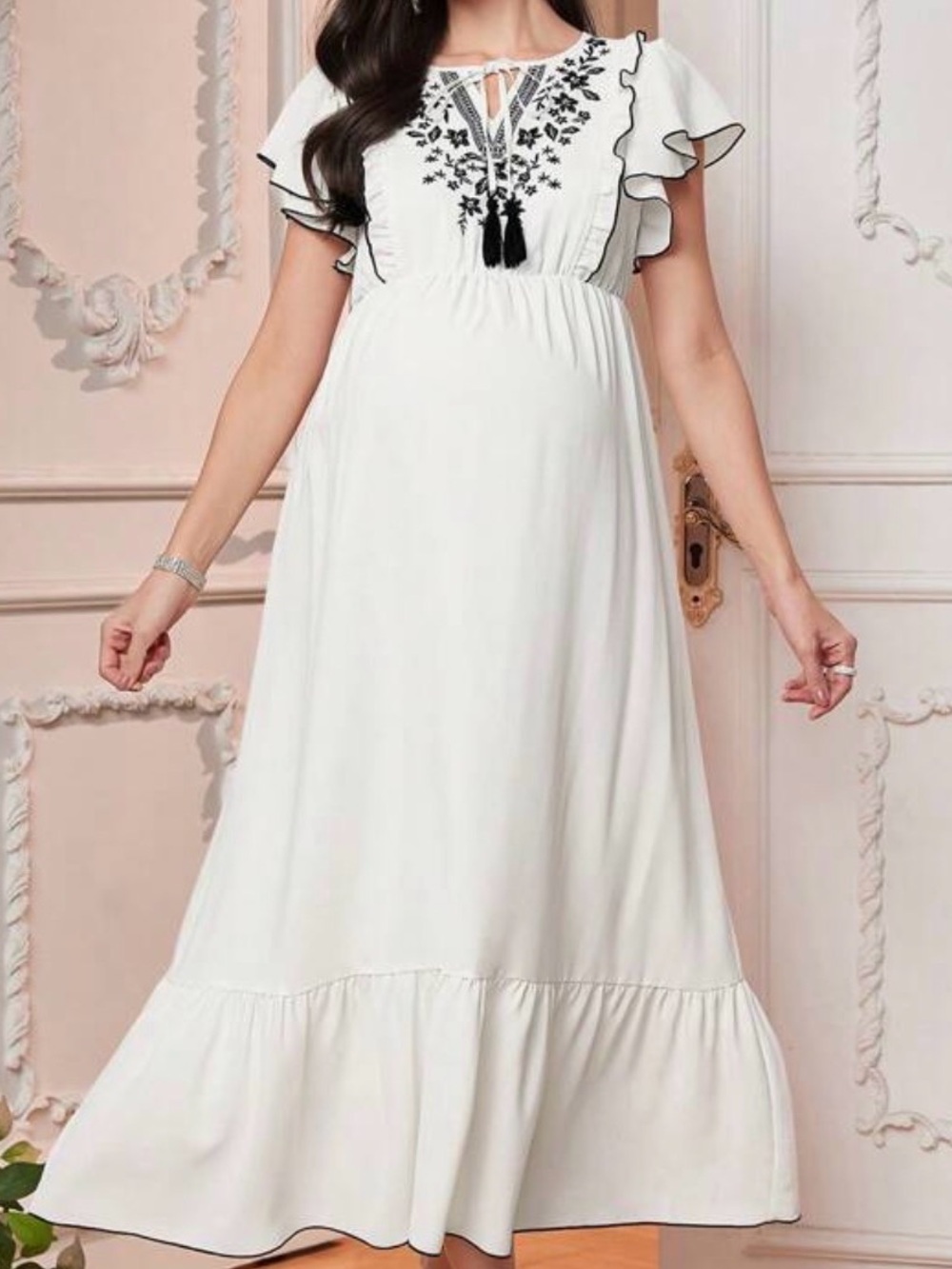 White Embroidered Flutter Sleeve Maternity Maxi Dress